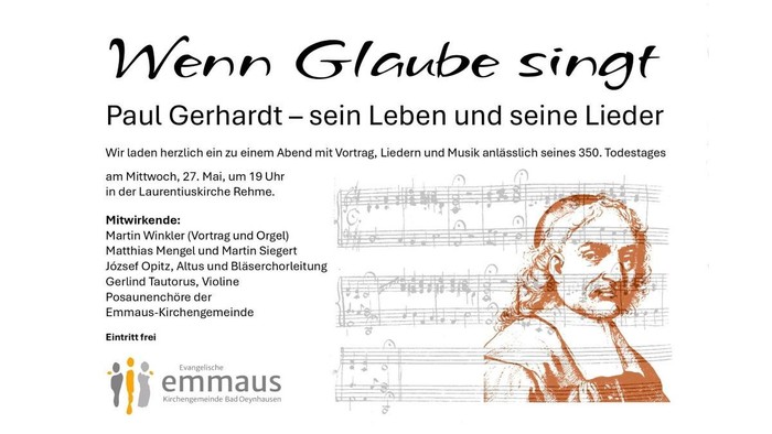 Plakat für eine Konzertveranstaltung zum Gedenken an Paul Gerhardts Leben und Lieder anlässlich seines 350. Todestages.