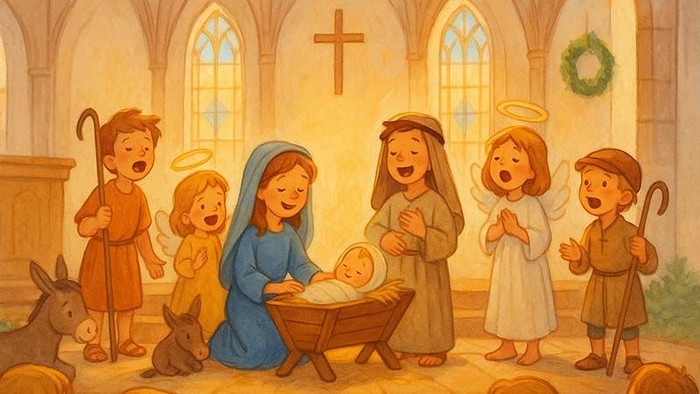 Eine Gruppe von Menschen und Engeln versammelt sich um eine Krippe mit einem Baby und feiert in einer kirchlichen Umgebung.