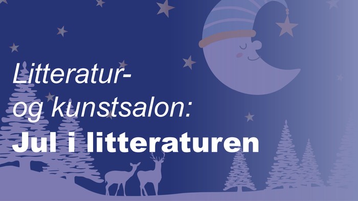Billedet viser en nattescene med en måne, stjerner og tekst på svensk om litteratur og kunst.
