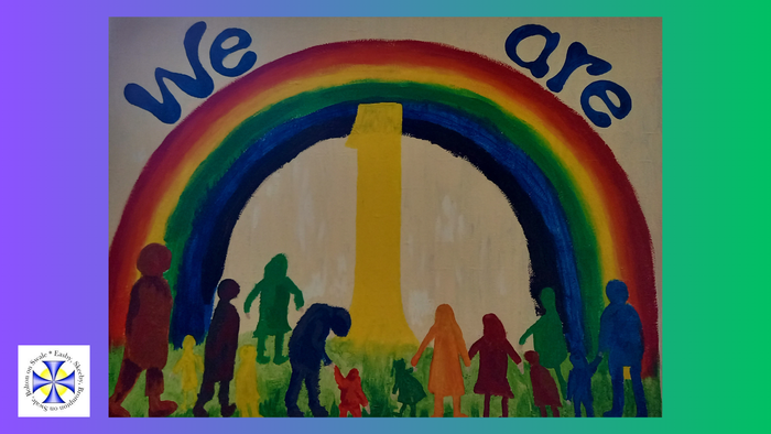 Silhouettes of diverse people stand under a rainbow arching over the Washington Monument, with the words 