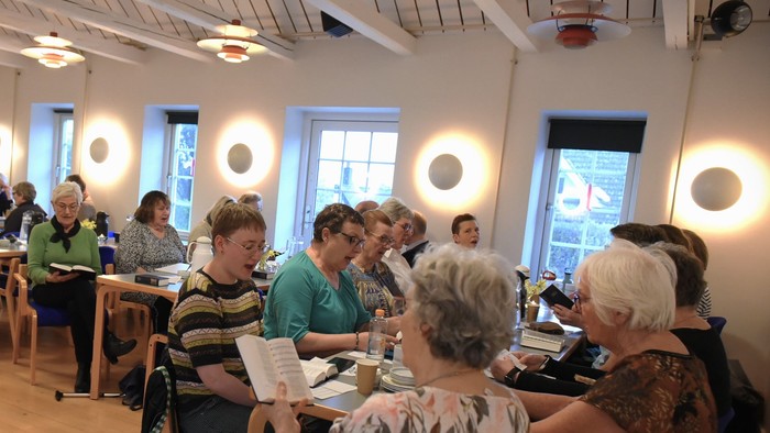 En gruppe af ældre mennesker sidder ved bord i et lys og rummeligt rum og ser ud til at deltage i en aktivitet.