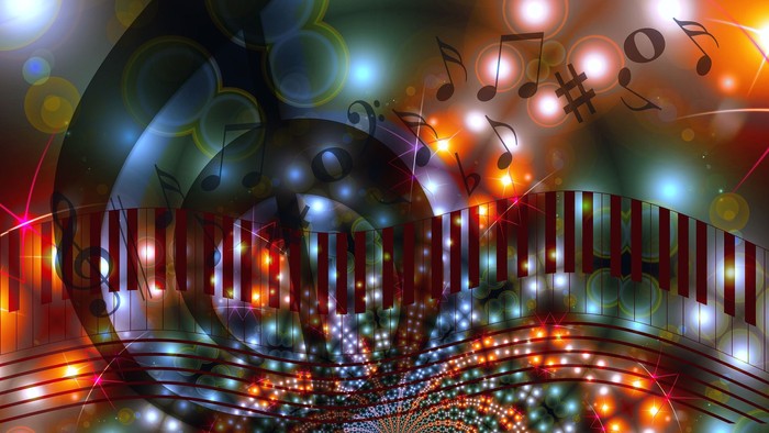 Bunte, abstrakte Darstellung eines Klaviers mit Noten und Lichtern