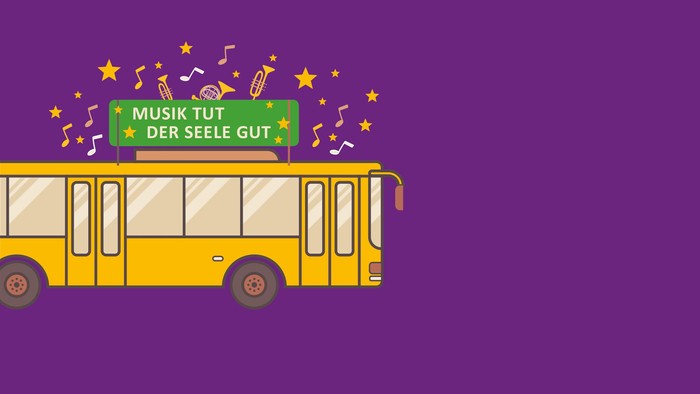 Ein gelber Bus mit Musik und Feierstimmung auf einem lila Hintergrund