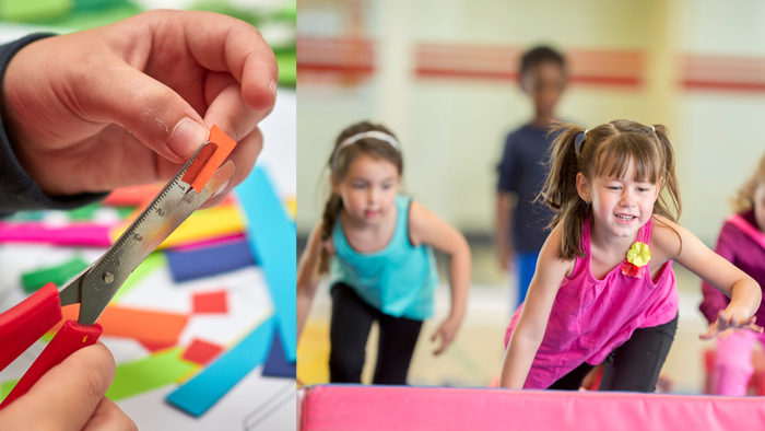 Kinder, die in einem Klassenzimmer spielen und basteln.