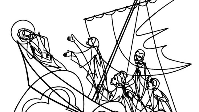 Ein Segelschiff mit mehreren Figuren an Bord, skizzenhaft dargestellt.