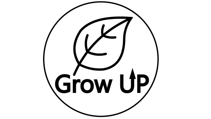 Das Bild zeigt ein kreisförmiges Logo mit einem Blatt und dem Text „Grow UP“.