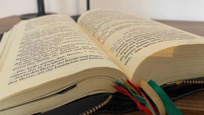 Offenes Buch mit Lesezeichen auf Holz