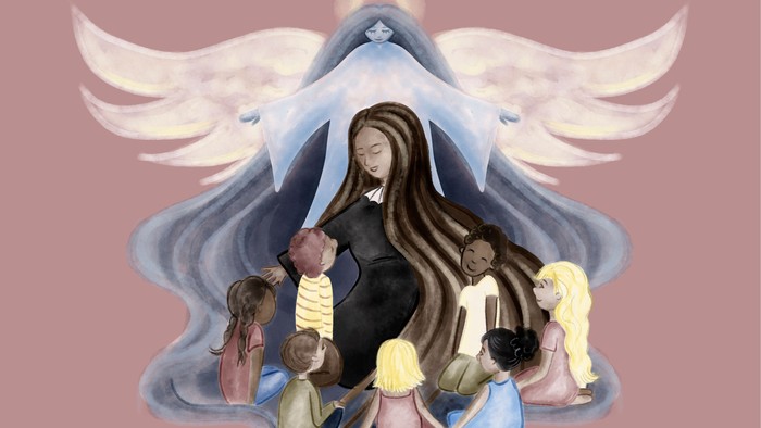 En kvinde omgives af barn, alle under vinger og en blå skjoldformet struktur