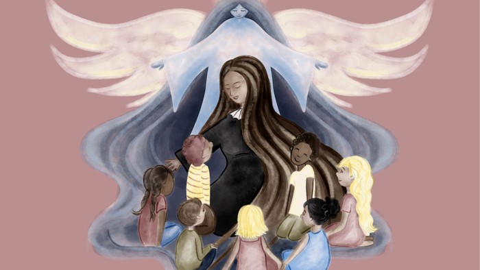 En kvinde omgives af barn, alle under vinger og en blå skjoldformet struktur