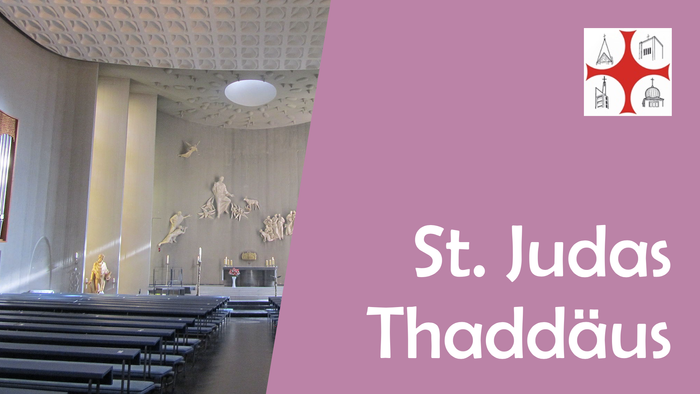 St. Judas Thaddäus Kirche, Innenraum mit Altären und Sitzbänken