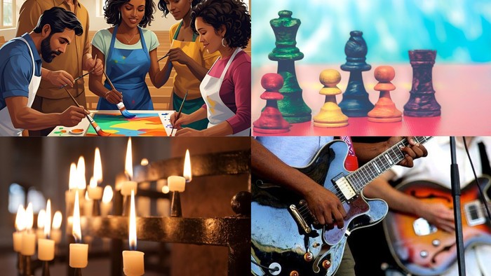 Billeder af grupper, skakspil, lysstægn og musikinstrumenter