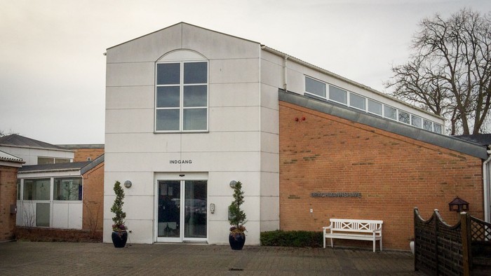 Et moderne hus med store vinduer og en indgang med to topplanter.