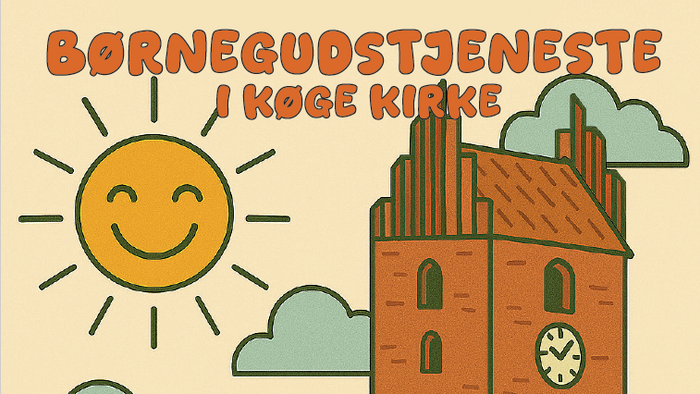 Farverig illustration af en glad kirke med en smilende sol, grønne omgivelser og skyer med teksten