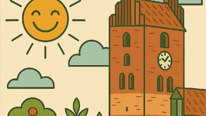 Farverig illustration af en glad kirke med en smilende sol, grønne omgivelser og skyer med teksten 