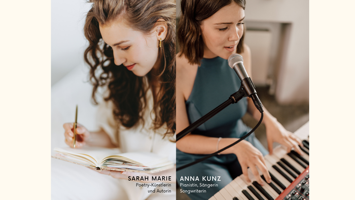 Dieses Bild zeigt Sarah Marie schreibend und Anna Kunz am Piano.