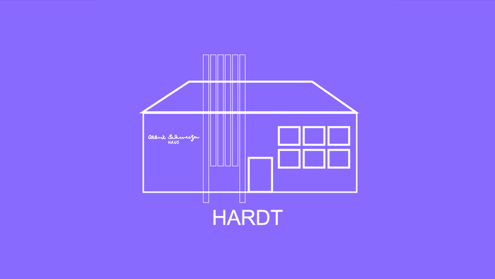 Minimalistische Strichzeichnung eines Gebäudes mit der Beschriftung „HARDT“ auf violettem Hintergrund.