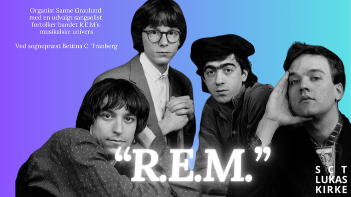 Plakat for en gudstjeneste med R.E.M., afholdt den 3. september kl. 17:00 med en kurateret spilleliste.