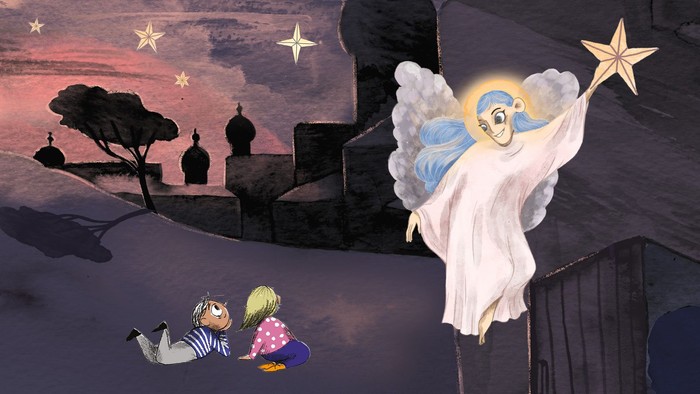 En fantasiværld med en engel, en stjerne, og et par dreng og pige i en skov med tømmer.