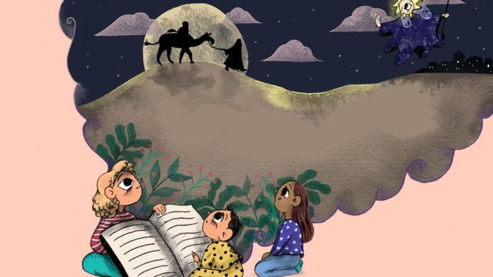 Tre børn sidder under en stor molneformet tegning med en hestehoved og en måne.