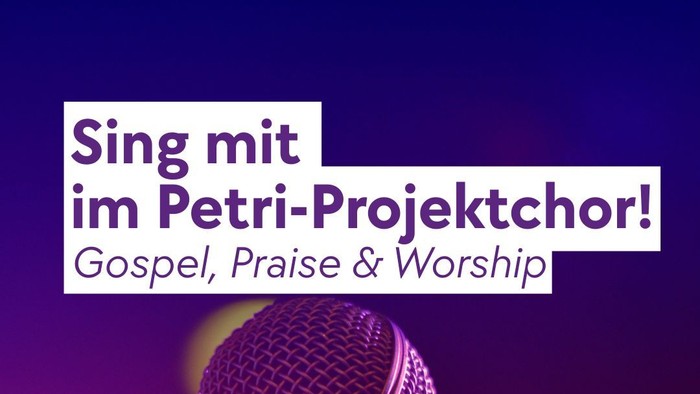 Plakat lädt Personen ab 14 Jahren ein, einem Gospel-, Lobpreis- und Anbetungschor beizutreten – mit Details zu Vorsingen und Auftritten.