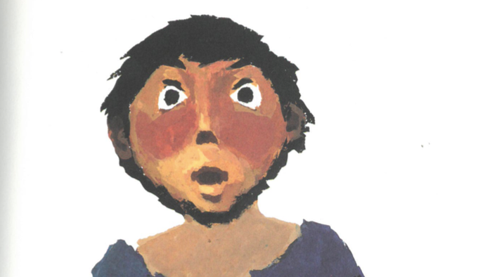 Ein Mädchen mit blauen Kleid und erstauntem Gesichtsausdruck wird auf einem Computerbildschirm angezeigt.