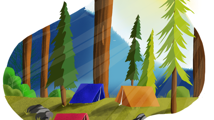 Ein gemütliches Lagerfeuer inmitten eines Waldes mit bunten Zelten