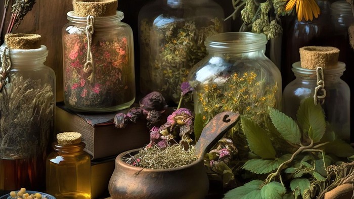 Ein Bild mit vielen Gläsern und Schälchen gefüllt mit Kräutern. 