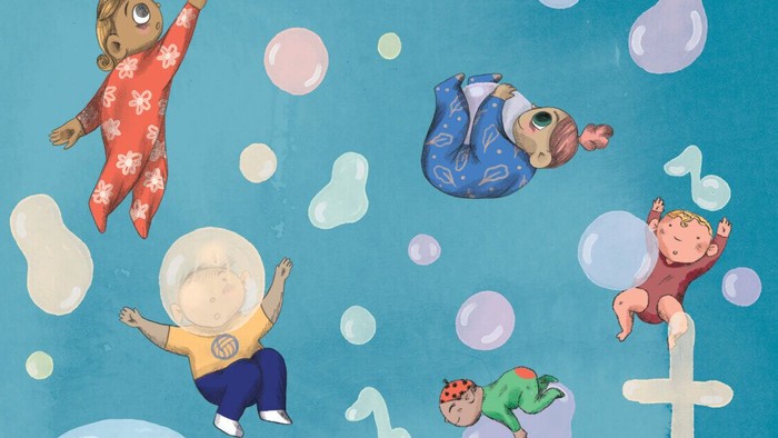 Børn og dyr svømmer i himlen med boblebåde.