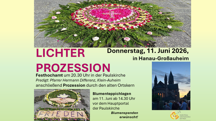 **Bekanntmachung zur Blumenprozession und zum Gottesdienst am 11. Juni 2026 in Hanau-Großauheim mit Blumenschmuck.**