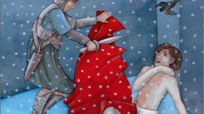 Ein Ritter in Rüstung schneidet einem nackten Mann ein rotes Tuch zu.