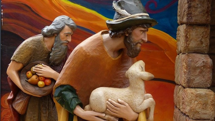 Drei Männer mit Schafen vor farbenfroher Wand