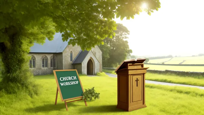 Kirchengelände mit Workshop-Schilder und Kanzel im Grünen