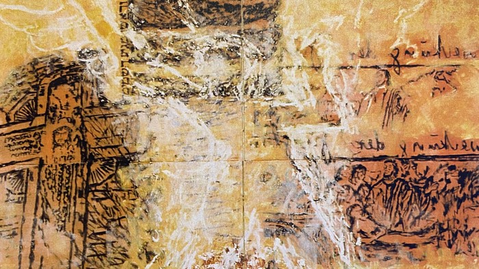 Das Altarbild der Kreuzkirche zeigt in Kreuzform vier Elemente aus dem Alten und Neuen Testament, in die eine Engelsgestalt verwoben ist.