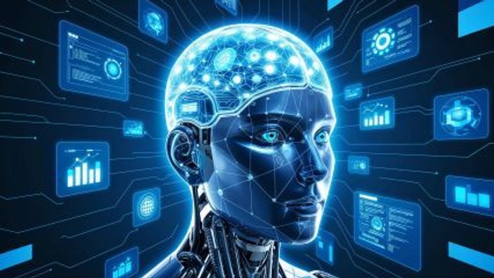 En futuristisk AI-hoved omgivet af digital dataanalyse og netværksforbindelser.