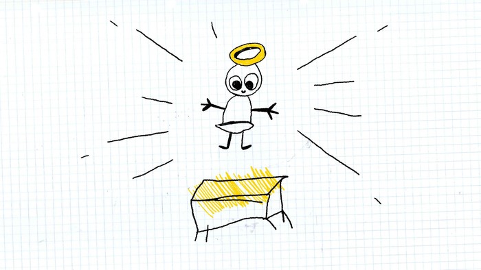 En lille tegnet person med vingebånd og halo står over en kiste.