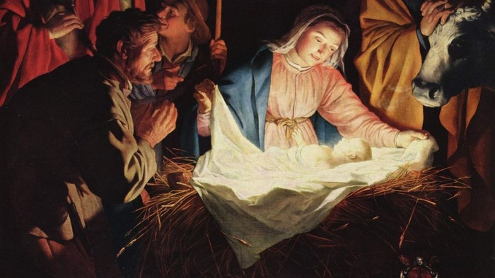 En maleri af Jesus' fødsel med Maria, Josef og tre vise mænd.