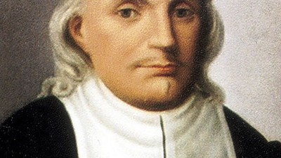 Porträt eines Mannes mit weißem Kragen und dunkler Kleidung