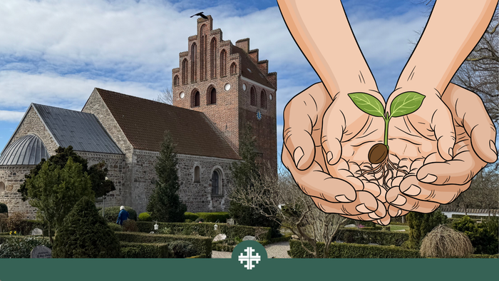 Historisk kirke med en fantasifuld illustration af et frø, der spirer fra hænder i en haveindstilling.