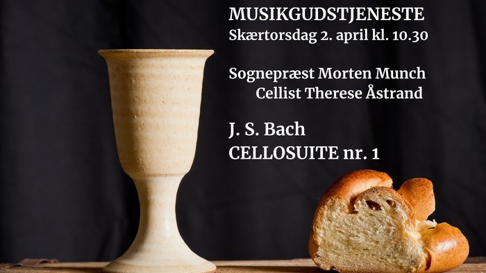 Musikalsk tjenesteannoncering med en kalk, brød og detaljer fra Bachs Cellosuite.