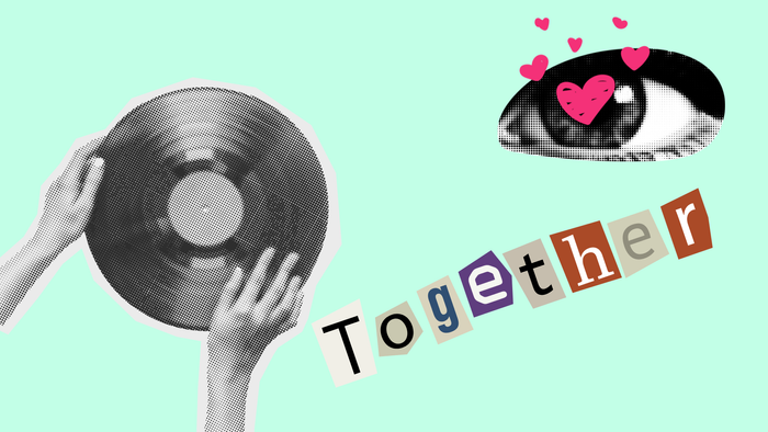 Eine Hand hält eine Schallplatte, daneben ein Auge mit Herzen und das Wort 