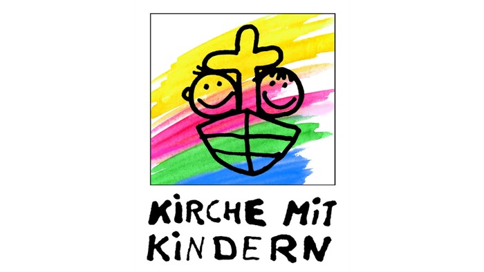 Grafik: Bootsrumpf mit einem Kreuz als Mast, rechts und links des Nastes Köpfe von zwei fröhlichen Menschen; wird durchflutet vom breitem Regenbogen.