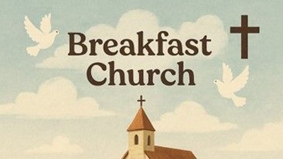 A serene illustration of a church with a cross, surrounded by nature, with the text "Breakfast Church" above it.