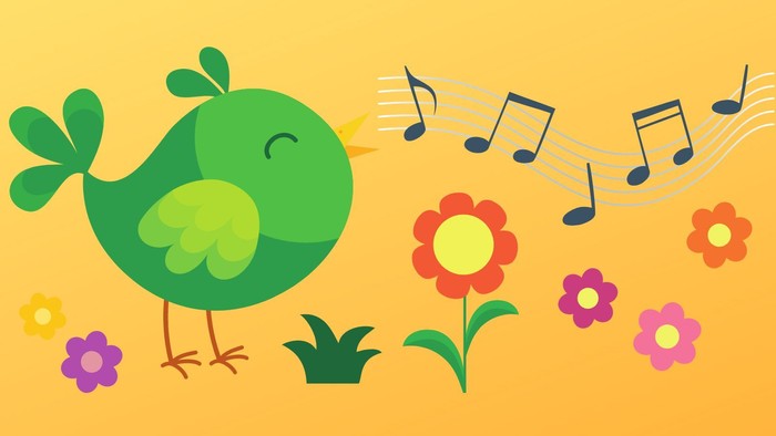 Ein grüner Vogel singt umgeben von bunten Blumen und Noten.