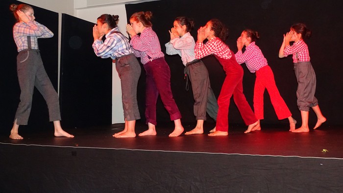 Eine Gruppe von Tänzerinnen in rosa Hemden und verschiedenen Hosen führt eine Choreographie auf einer Bühne auf