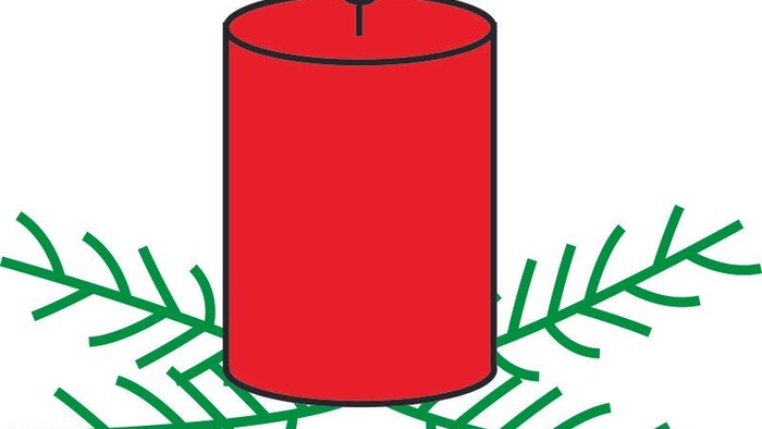 Rote Kerze mit grünen Blättern am Fuß, brennende Flamme an der Spitze