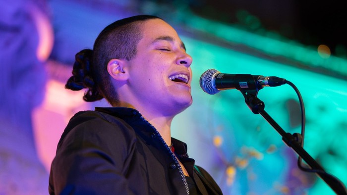 Mann, der auf der Bühne singt und Gitarre spielt.