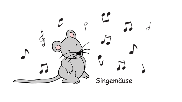 Eine singende Maus vor musikalischen Noten