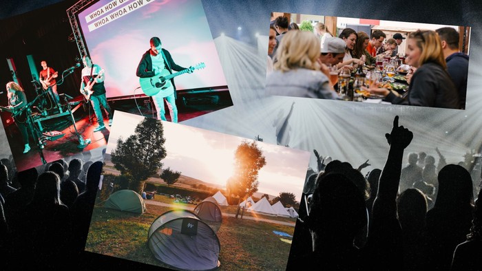 Collage of live music, family dinner, and outdoor concert scenes