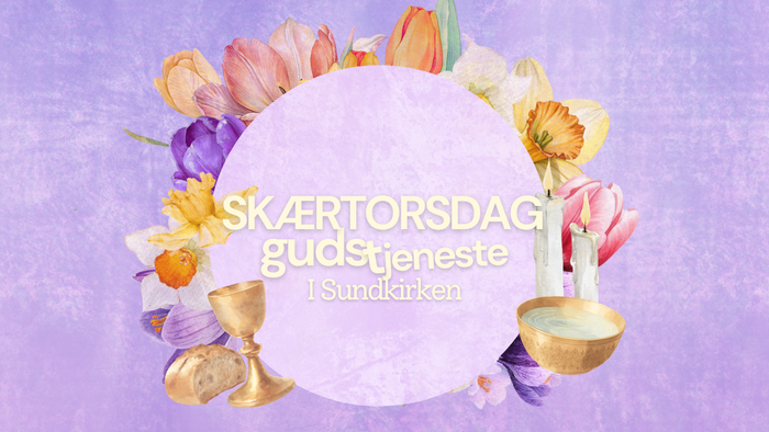 Påskesøndags gudstjeneste med blomster- og lysudsmykning på lilla baggrund.