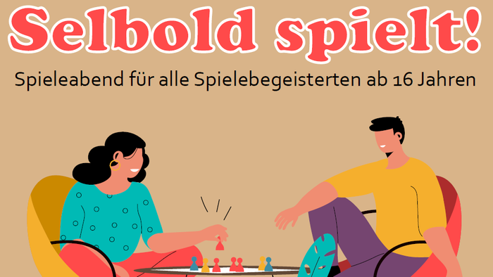 Ein buntes Plakat, das eine Spieleabend-Veranstaltung für Enthusiasten ab 16 Jahren bewirbt und zwei Personen zeigt, die Brettspiele spielen.